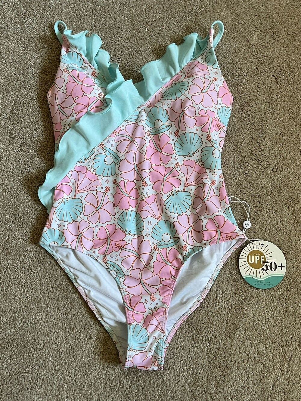 NWT Caden Lane Women’s Teen Girl Swimsuit Ruffle Floral Pink Blue One Piece XS